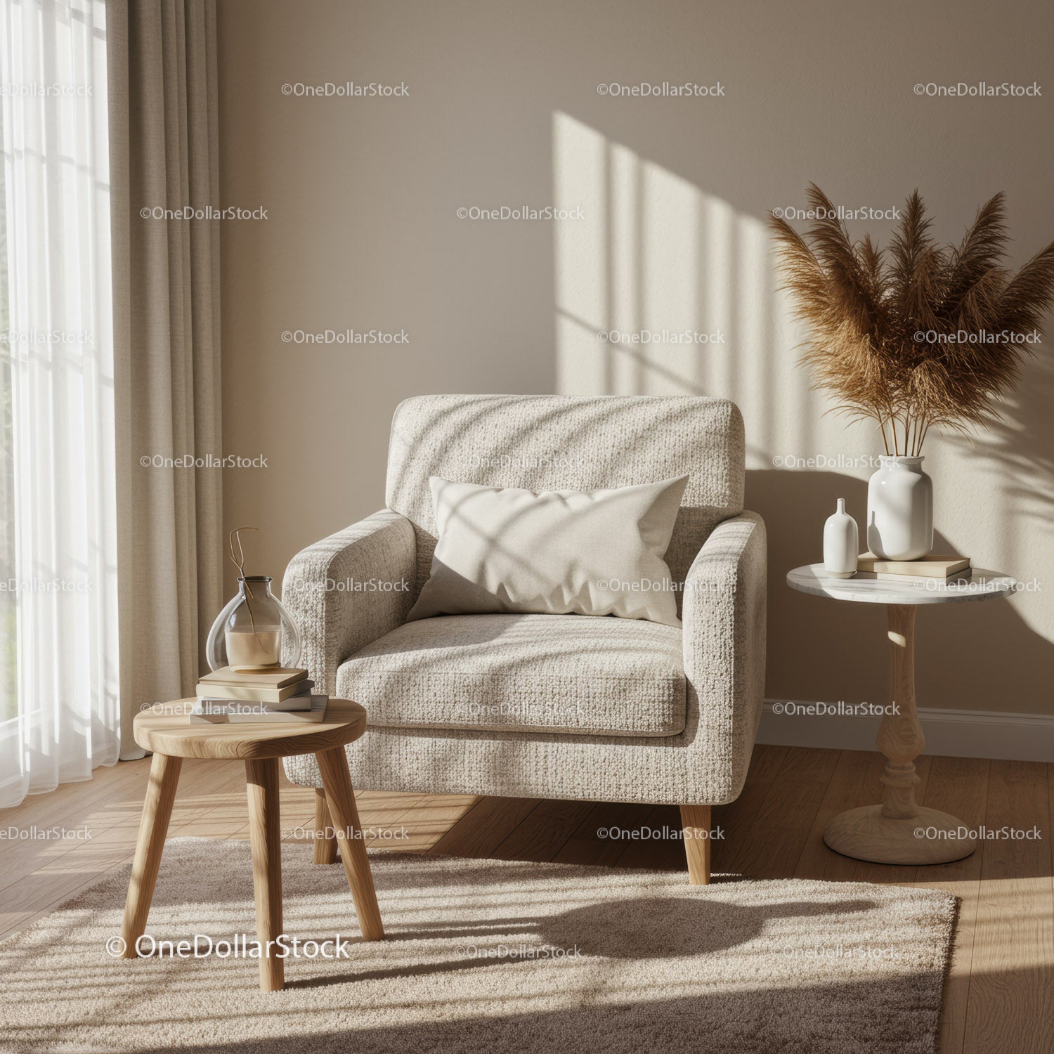 Cozy Armchair by Sunlit Window in Neutral Tones
