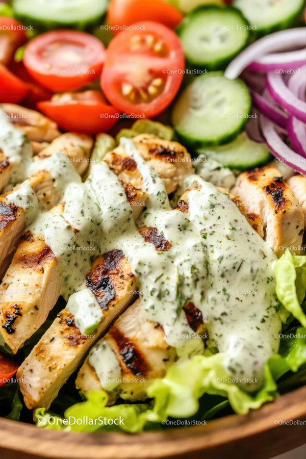 Fresh Grilled Chicken with Herb Sauce and Colorful Vegetable Salad