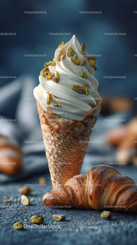 Creamy Vanilla Soft Serve Ice Cream Cone with Pistachio Toppings