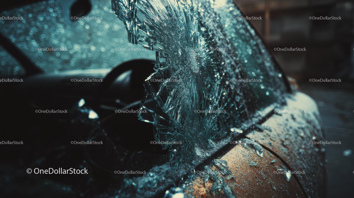 Abandoned Vintage Car with Broken Glass at Sunset