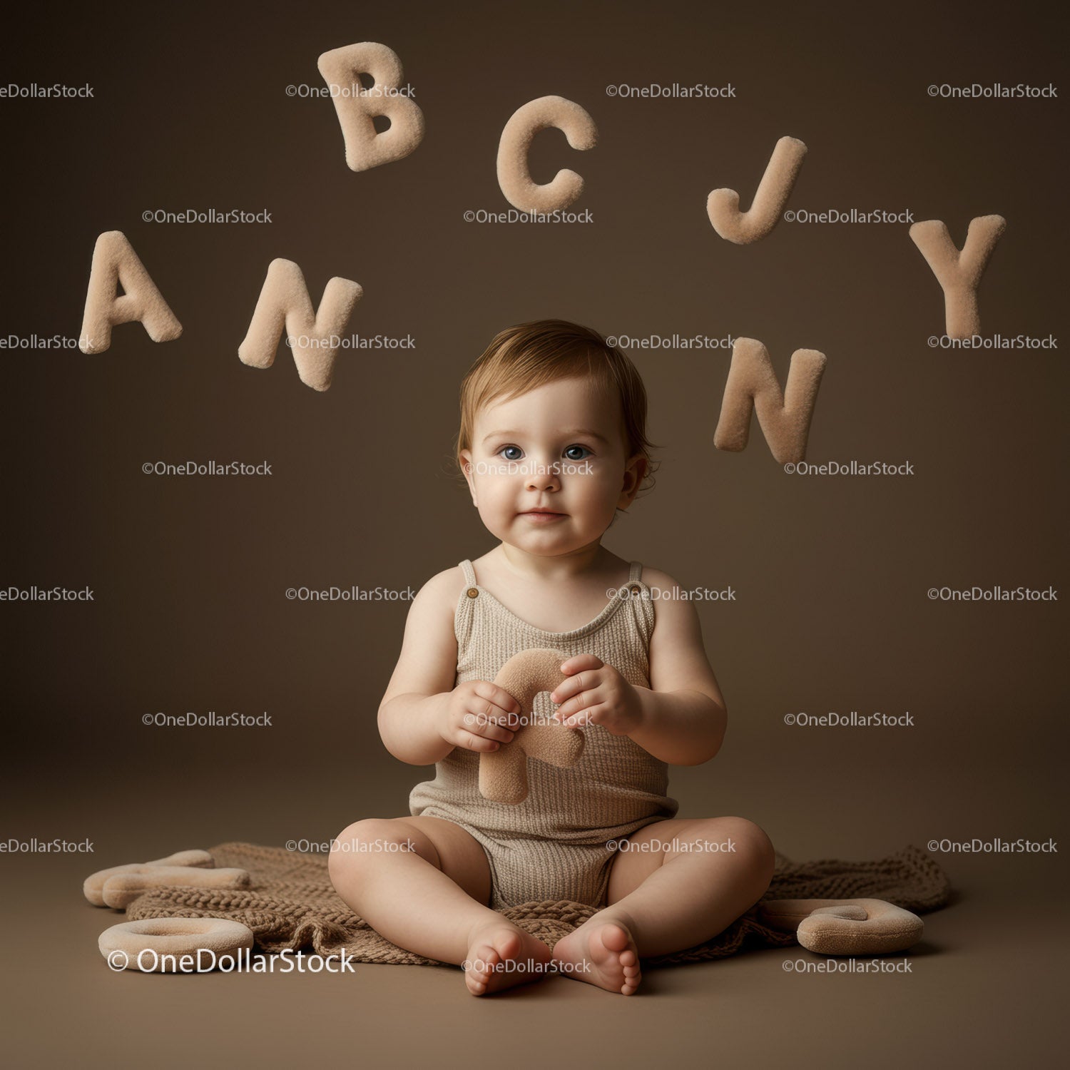 Adorable baby playing with soft alphabet letters indoors