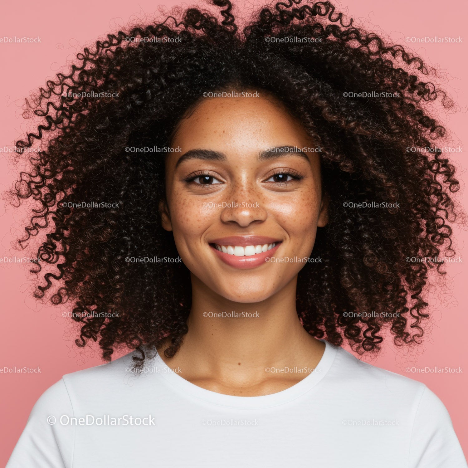 Confident Smiling Woman with Curly Hair in Studio Portrait