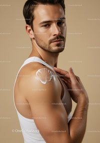 Young Man Applying Sunscreen to Shoulder for Sun Protection