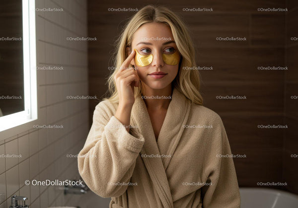 Zrelaksowana kobieta nakładająca plastry pod oczy w łazience SPA