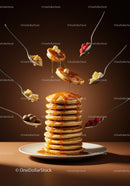 Stack of fluffy pancakes with syrup and fresh toppings