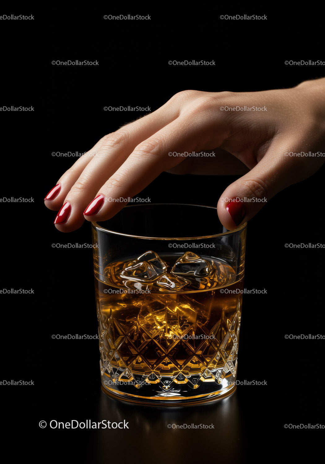 Hand with Red Nails Grasping Crystal Glass of Whiskey