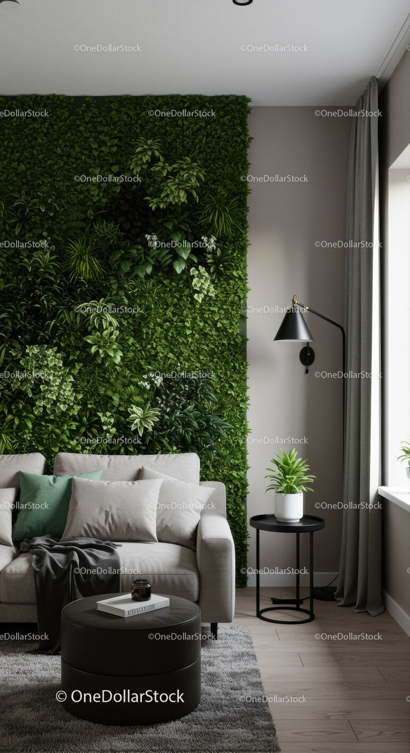 Nowoczesny salon z zieloną, liściastą ścianą i wygodną sofą