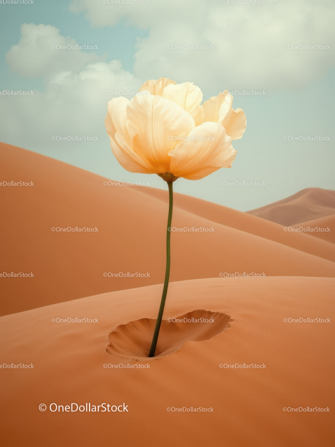 Delicate flower blooming alone in vast sandy desert