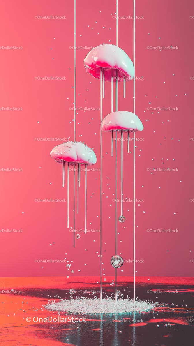 Abstrakcyjna różowo-biała instalacja artystyczna z meduzami