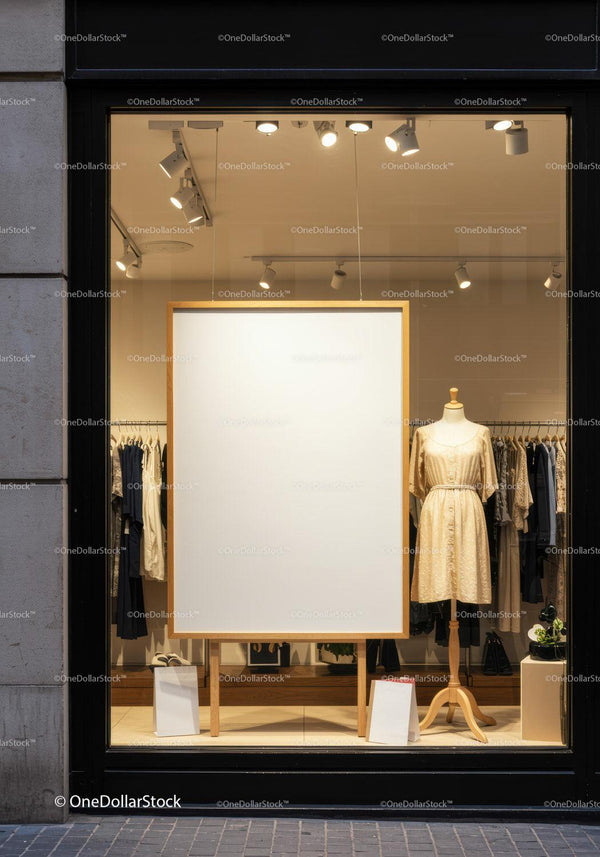 Elegant dress display with blank poster in fashion store window JPG Mockup Image