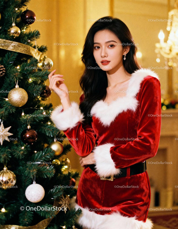 Young woman in festive Santa outfit by decorated tree