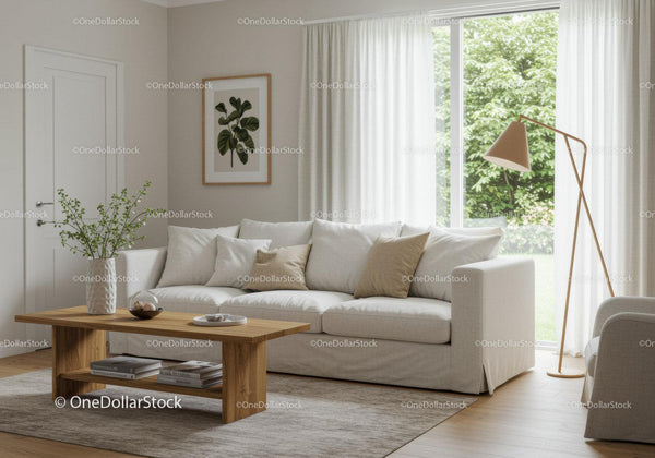 Cozy modern living room with natural light and greenery
