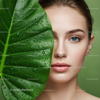Close-Up Portrait of a Woman with Blue Eyes Behind Green Leaf with Water Droplets