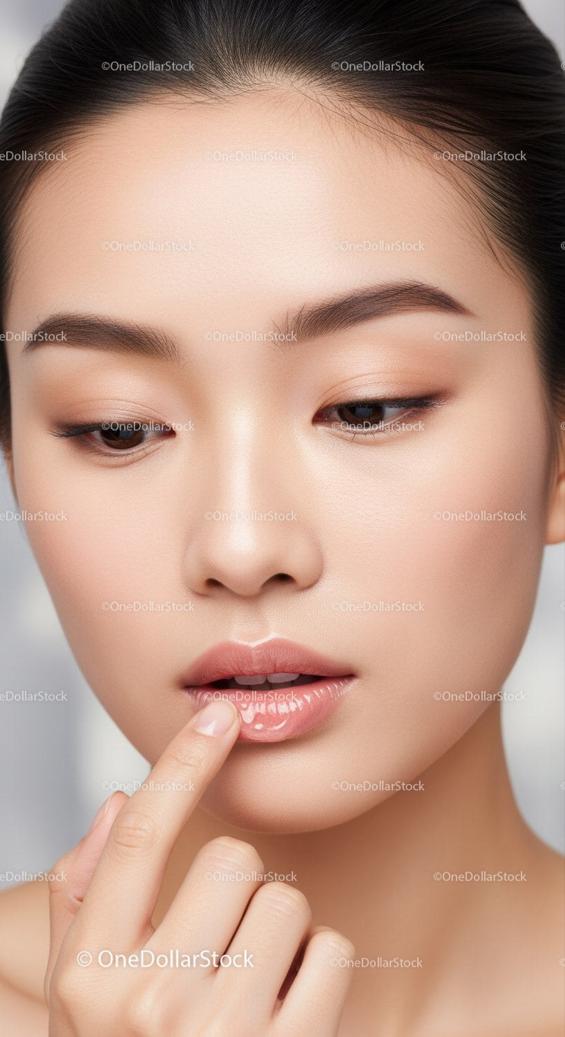 Close-up of Young Woman with Glossy Lips and Flawless Skin