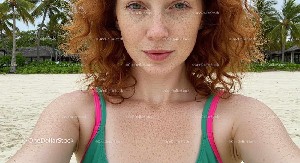 Freckled Woman Enjoying a Sunny Beach Day