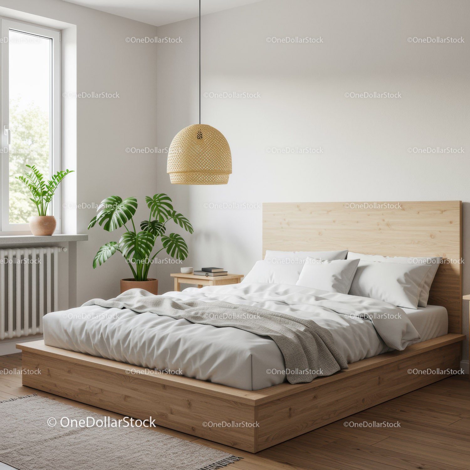 Minimalist bedroom with wooden bed and green plants