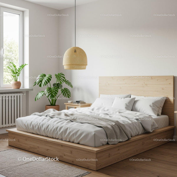 Minimalist bedroom with wooden bed and green plants