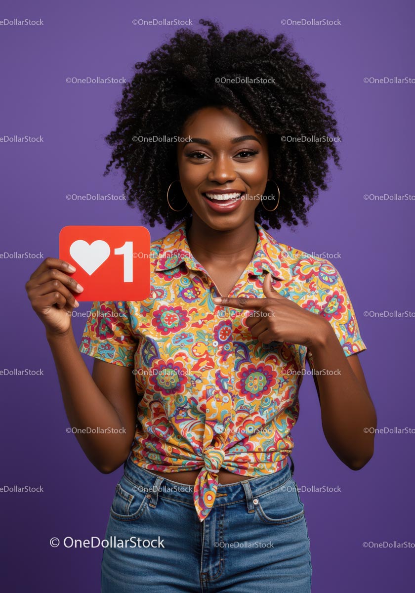 Happy Woman Holding Social Media Like Icon Wearing Colorful Shirt