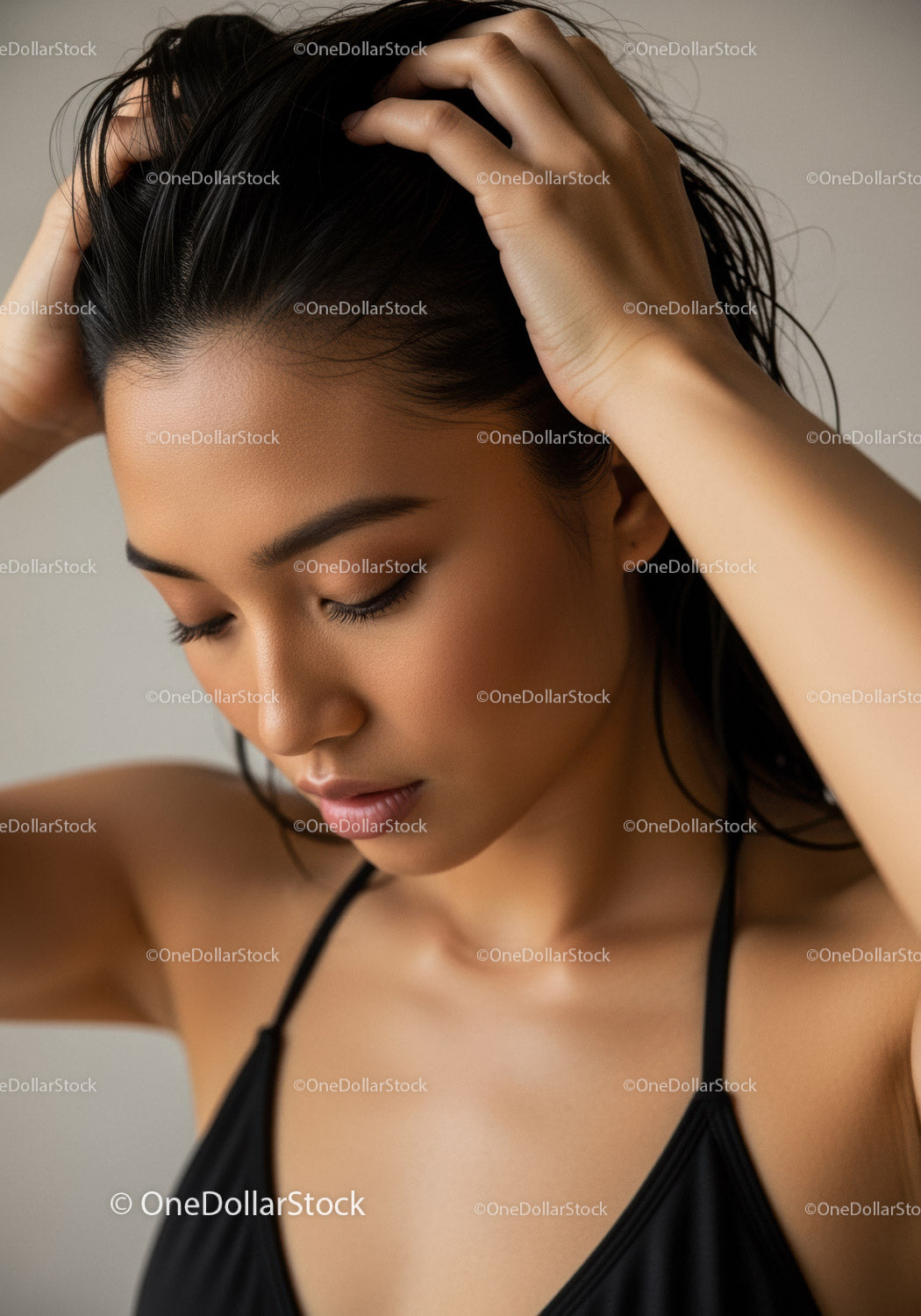 Elegant Woman with Silky Hair and Thoughtful Expression