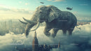 Surreal Giant Elephant Flying Over City Skyscrapers at Sunset