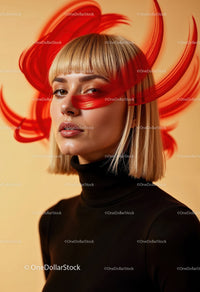Creative Artistic Makeup Portrait with Red Face Paint and Blonde Hair