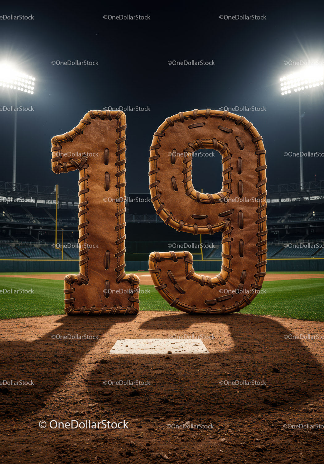 Number 19 in baseball glove style on field
