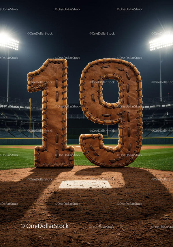 Numer 19 w stylu rękawicy baseballowej na boisku