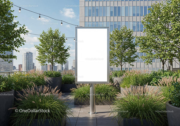 Blank Urban Billboard Surrounded by Greenery on Rooftop JPG Mockup Image