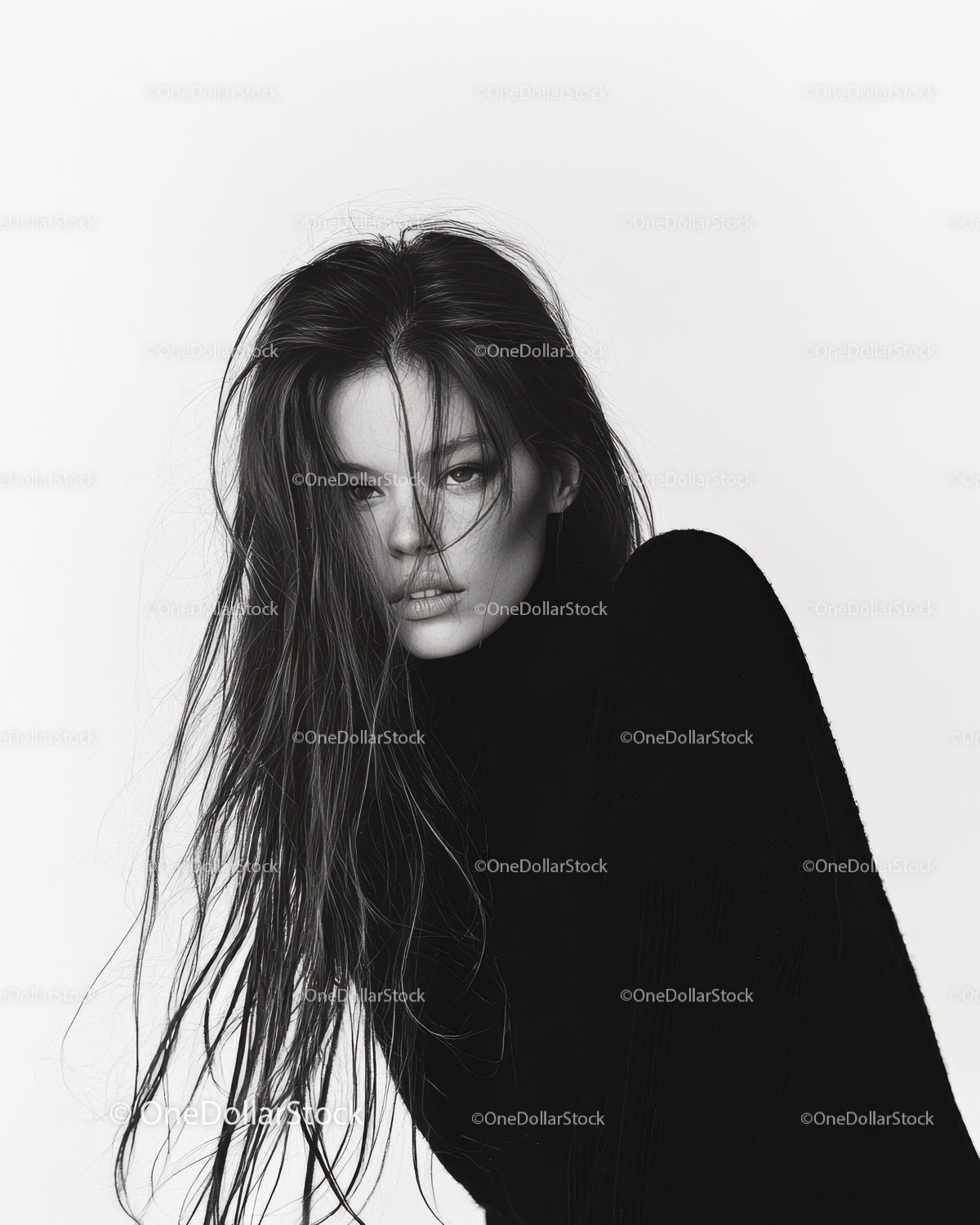 Elegant Black and White Portrait of a Woman with Flowing Hair