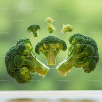 Fresh broccoli florets levitating on soft green background