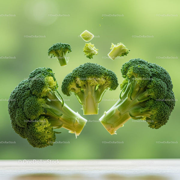 Fresh broccoli florets levitating on soft green background