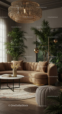 Cozy modern living room with leather sofa and plants