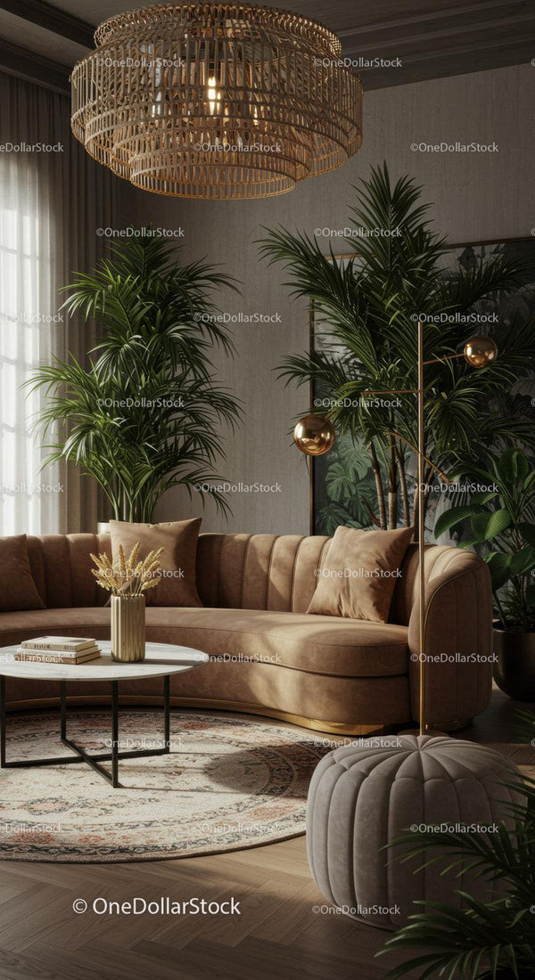 Przytulny nowoczesny salon z skórzaną sofą i roślinami