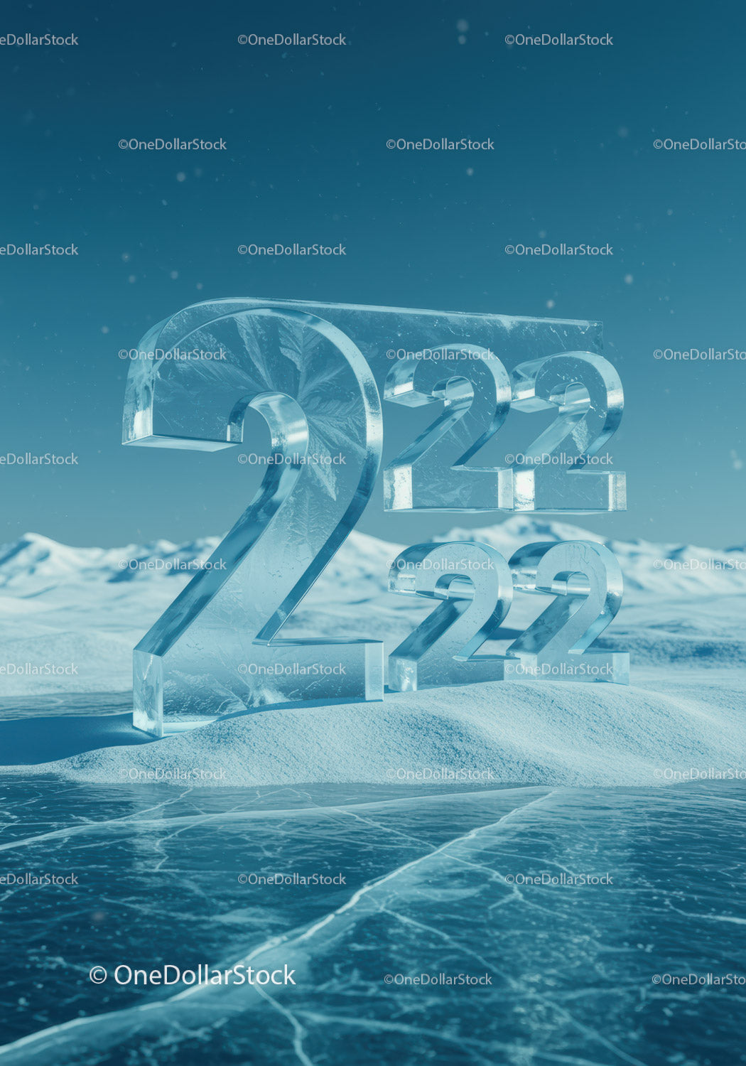 Frozen icy numbers 2022 on snowy winter landscape