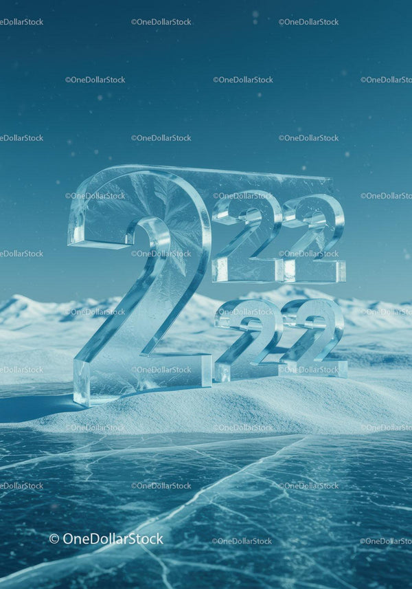 Frozen icy numbers 2022 on snowy winter landscape