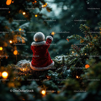 Child in Festive Coat Reaching for Star in Winter Woods