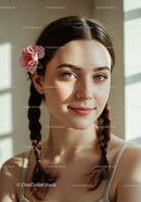 Portrait of a Young Woman with Pink Flower in Hair in Warm Sunlight