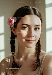 Portrait of a Young Woman with Pink Flower in Hair in Warm Sunlight