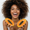 Vibrant Smiling Woman Holding Fresh Papayas with Lush Curly Hair