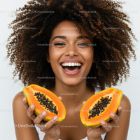 Vibrant Smiling Woman Holding Fresh Papayas with Lush Curly Hair