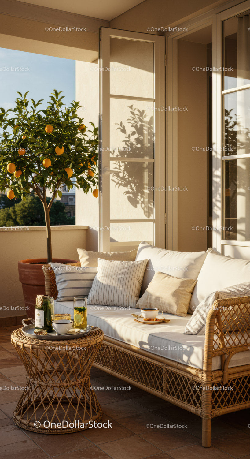 Cozy outdoor patio with rattan furniture and lemon tree