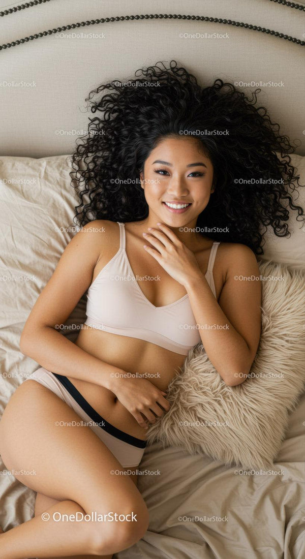 Smiling woman relaxing on bed in comfortable lingerie