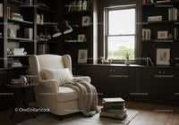 Cozy reading nook with armchair and books by window