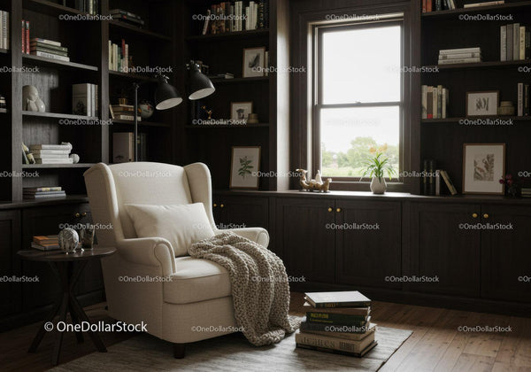 Cozy reading nook with armchair and books by window