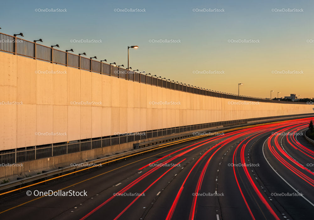 City Highway with Light Trails During Sunset in Urban Environment