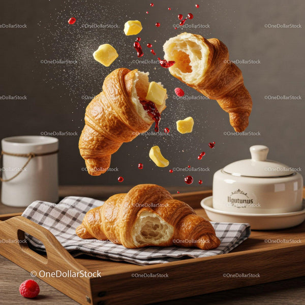 Fresh croissants with butter and raspberry jam splash