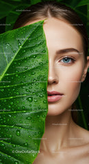 Young Woman with Blue Eyes Half Hidden Behind Large Water Droplet Covered Tropical Leaf