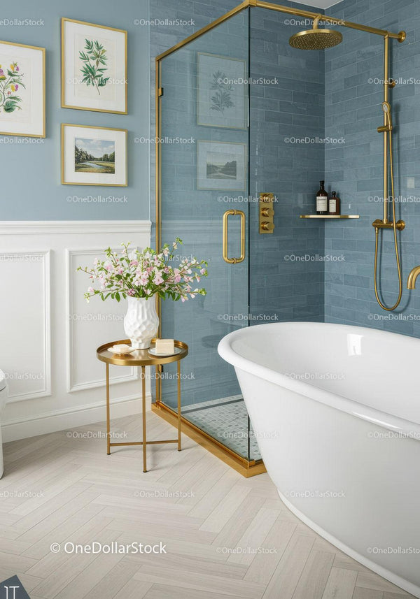 Elegant bathroom with freestanding tub and gold accents