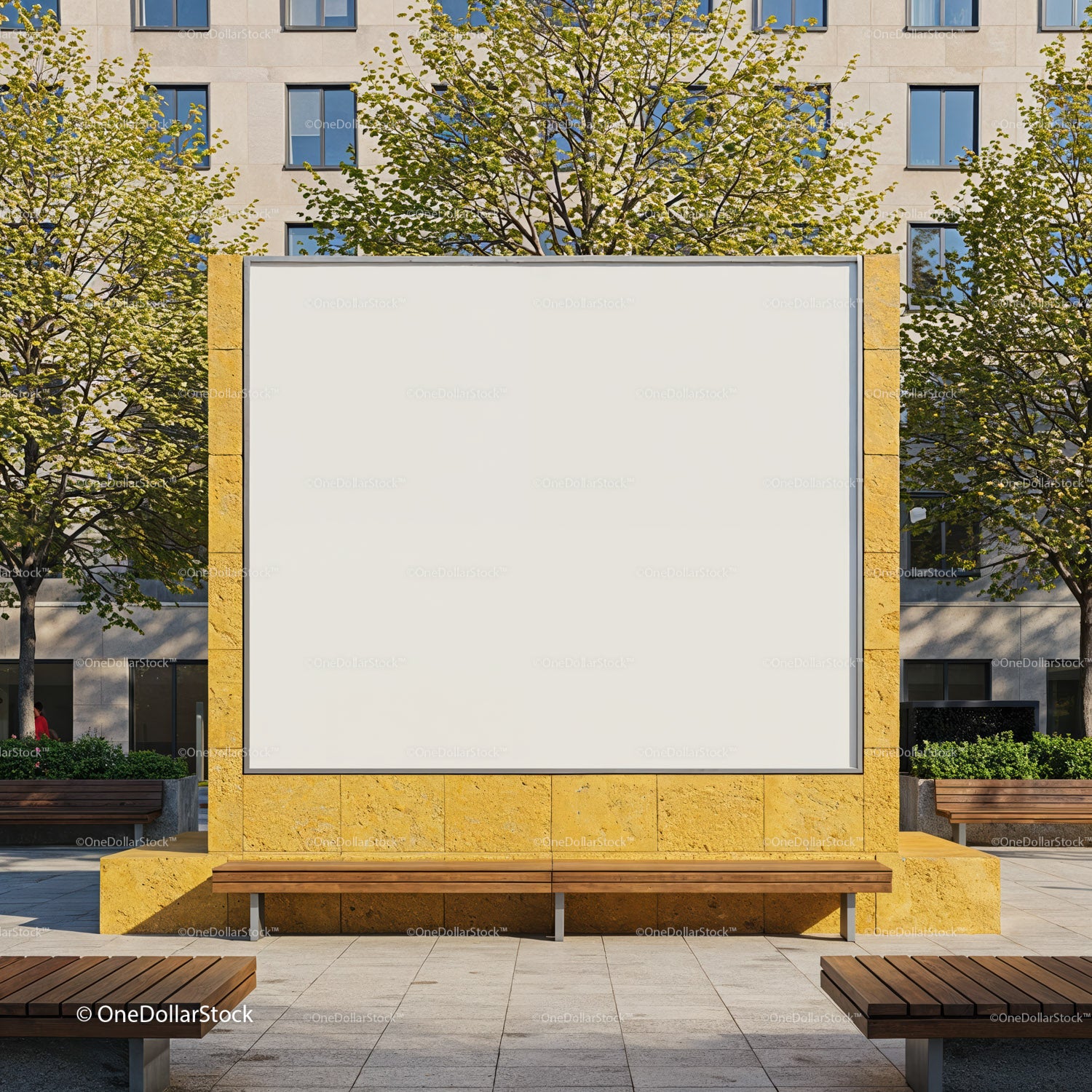 Modern urban plaza with blank outdoor billboard display