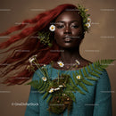 Elegant Portrait of a Woman with Red Hair and Flowers in Brown Background